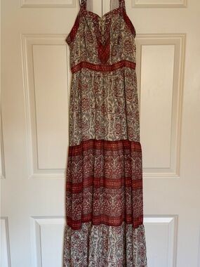 Ecote Red and Cream Paisley Tiered Maxi Dress